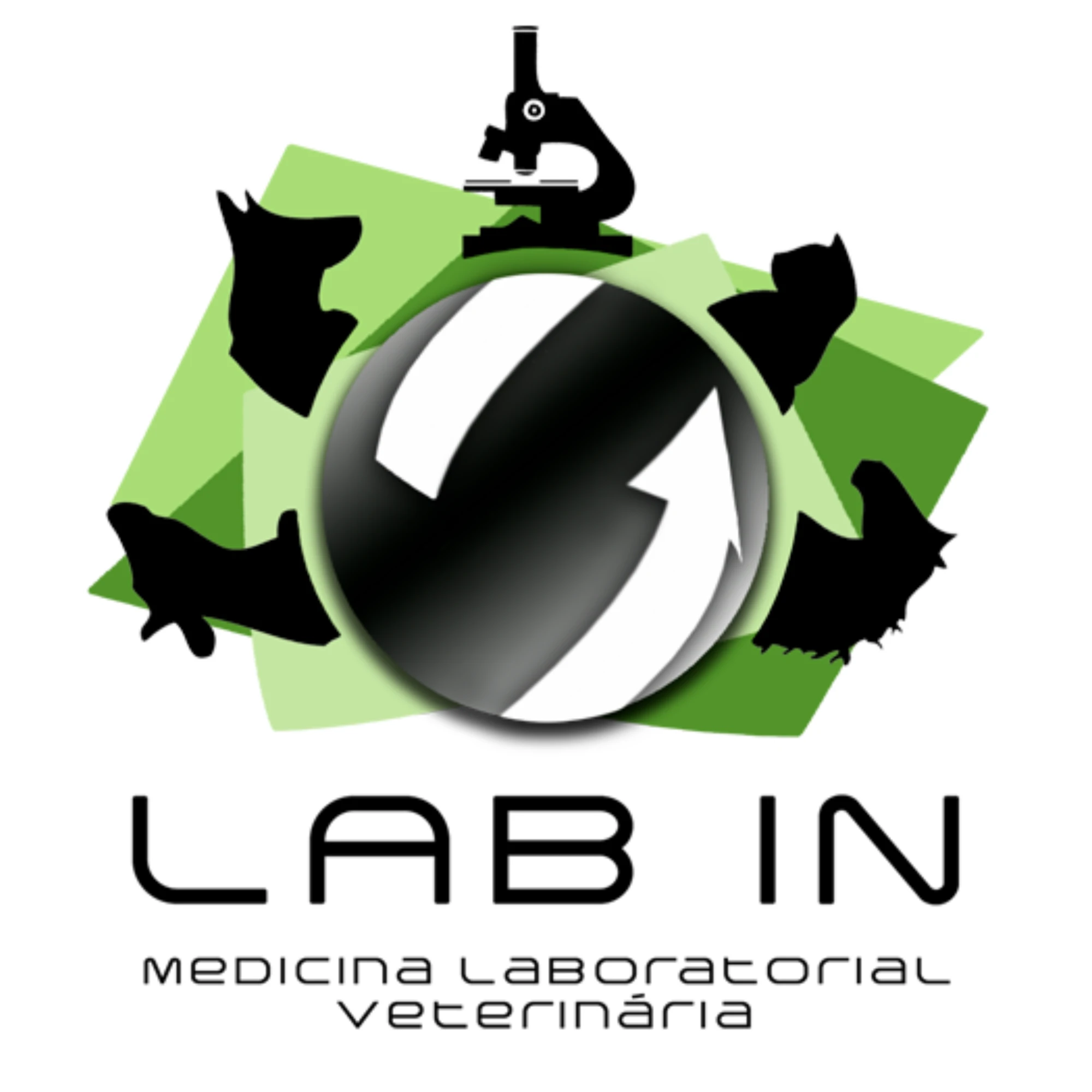 Logotipo Lab In — Medicina Laboratorial Veterinária, com microscópio e silhuetas de animais